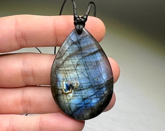 Labradorite Gemstone Pendant | Handmade Necklace on Black Cord