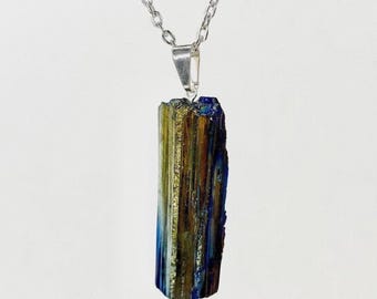 Black Tourmaline Necklace - Titanium Coated Pendant with Chain