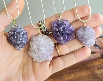 Raw Amethyst Rosette Pendant Necklace, Natural Flower Cluster with 18" Snake Chain