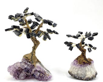 Black Tourmaline Bonsai Crystal Tree, Tourmaline Gemstone Tree with Amethyst Base