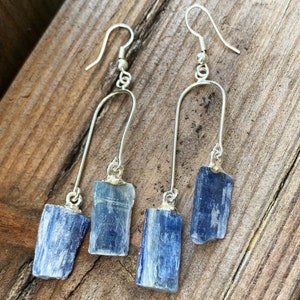 Blue Kyanite Crystal Dangle Earrings: Silver Plated, Raw Gemstone