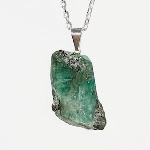 Raw Emerald Crystal Necklace: Silver Plated Bail, Stainless Steel Chain
