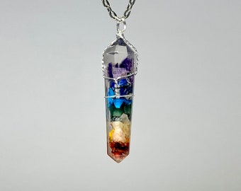 7 Chakra Gemstone Orgonite Wire Wrapped Pendant with Chain, Seven Chakra Orgonite Pendant Necklace