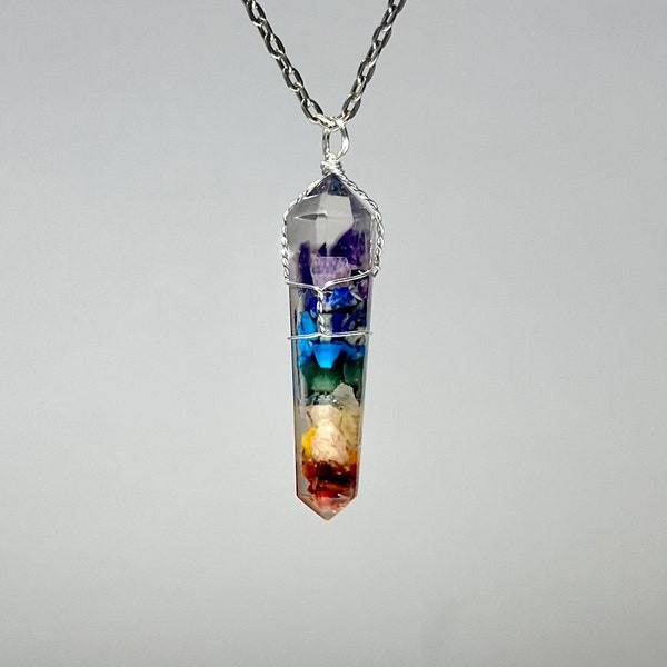 7 Chakra Gemstone Orgonite Wire Wrapped Pendant with Chain, Seven Chakra Orgonite Pendant Necklace