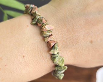 Unakite Jasper Crystal Chips Bracelet: Handmade Gemstone Beaded Bracelet