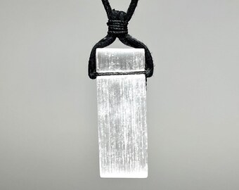 Selenite Crystal Pendant Necklace, Selenite Gemstone Black Cord Necklace