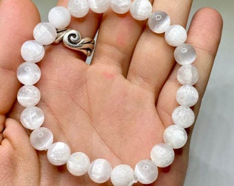 Selenite Crystal Beaded Bracelet: Calming Energy, Handmade Gemstone Beaded Bracelet