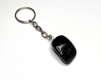 Black Tourmaline Crystal Keychain, Tumbled Tourmaline Gemstone Keychain