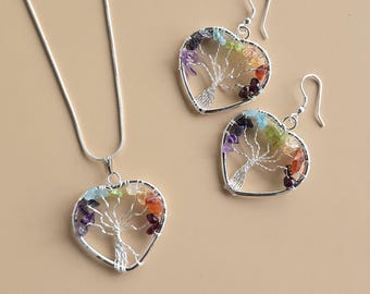 Rainbow Chakra Tree of Life Pendant & Earrings Set - Wire Wrapped