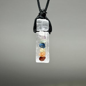 Selenite Crystal Necklace with Chakra Stones: Waxed Cord, 24 inch
