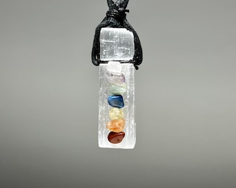 Selenite Crystal Necklace with Chakra Stones, Selenite Cord Necklace