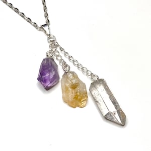 Multi Stone Crystal Point Pendant Necklace, Amethyst Citrine and Quartz Point Pendant with Free Chain