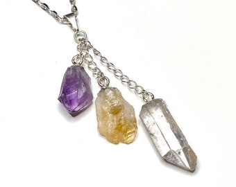 Multi Stone Crystal Point Pendant Necklace, Amethyst Citrine and Quartz Point Pendant with Free Chain