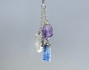 Multi Stone Crystal Point Pendant Necklace, Amethyst Kyanite and Quartz Point Pendant with Free Chain