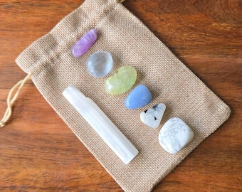 Crystal Set: Sleep & Relaxation, 7 Tumble Stones with Selenite, Jute Bag Included