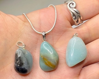 Amazonite Crystal Necklace, Tumbled Gemstone Pendant With 18" Chain