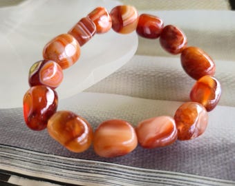 Carnelian Crystal Bracelet, 12mm Jelly Bean Gemstone Beaded Bracelet