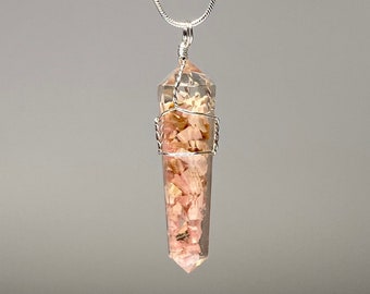 Rhodochrosite in Orgonite Wire Wrapped Pendant Necklace