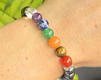 Seven Chakra Stone Hematite Bracelet: Handmade Gemstone Beaded Bracelet