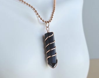 Black Obsidian Pendant Necklace: Wire Wrapped Gemstone with Copper Chain