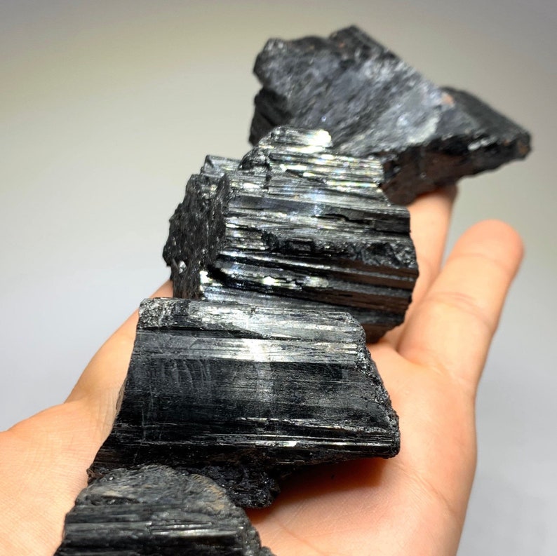 A cluster of black tourmaline crystals with a striated, metallic sheen. The crystals are arranged in a row, with the largest crystal at the top and the smallest crystal at the bottom.