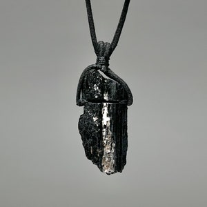 Raw Black Tourmaline Crystal Necklace with Mica, Black Tourmaline Cord Necklace,