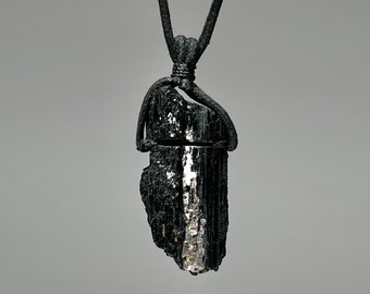 Raw Black Tourmaline Crystal Necklace with Mica, Black Tourmaline Cord Necklace,