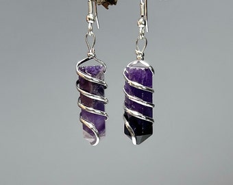 Amethyst Crystal Dangle Earrings, Amethyst Gemstone Wire Wrapped Earrings
