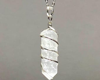Selenite Crystal Necklace, Selenite Gemstone Pendant Wire Wrapped with Complimentary Chain