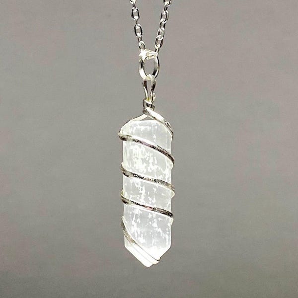 Selenite Crystal Pendant Necklace: Wire Wrapped Gemstone with Chain