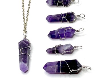 Amethyst Pendant Necklace, Wire Wrap Crystal Point with 18" Chain