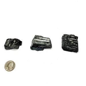 Three black tourmaline crystals of varying sizes and shapes. The crystals are raw and have a natural, rough texture.