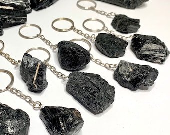 Black Tourmaline Crystal Keychain, Raw Tourmaline Gemstone Keychain
