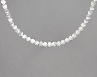 Selenite Crystal Beaded Choker Necklace with 4mm Beads,  16 inch Selenite Gemstone Choker