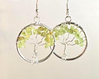 Peridot Crystal Earrings: Tree of Life Dangle Earrings