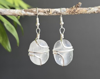Selenite Crystal Dangle Earrings: Wire Wrapped Gemstone Drop Earrings