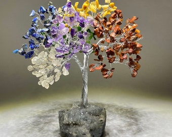 Chakra Gemstone Tree, Chakra Crystal Tree with Apophyllite Crystal Base