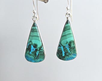 Malachite Chrysocolla Sterling Silver Dangle Earrings – Bezel Set