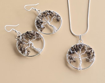 Smoky Quartz Tree of Life Pendant & Earrings Set – Wire Wrapped