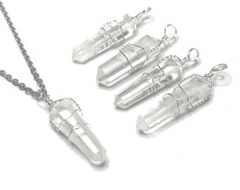 Quartz Crystal Pendant Necklace, Clear Quartz Wire Wrapped Pendant with Free Chain