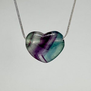 Rainbow Fluorite Crystal Necklace, Heart Shape Fluorite Gemstone Pendant with Free Chain