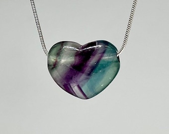Rainbow Fluorite Crystal Necklace, Heart Shape Fluorite Gemstone Pendant with Free Chain