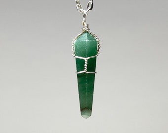 Green Aventurine Pendant Necklace, Aventurine Crystal Wire Wrapped with Free Chain