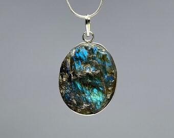 Labradorite Cabochon Necklace, Labradorite Cabochon Pendant with Chain