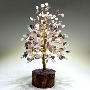 Gemstone Crystal Tree of Prosperity | Quartz, Amethyst, Rose Quartz Petals with Natural Wood Base