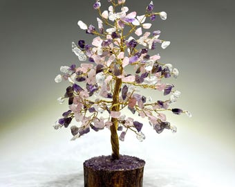 Gemstone Crystal Tree of Prosperity | Quartz, Amethyst, Rose Quartz Petals with Natural Wood Base