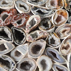 May include: A collection of numerous sliced agate geodes featuring hollow centers lined with sparkling crystalline structures. The stones display a variety of natural colors including shades of white, gray, brown, and deep reddish-orange banding.