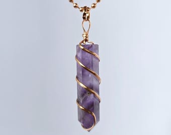 Amethyst Copper Wrapped Crystal Necklace, Amethyst Copper Wrapped Gemstone Pendant with Chain