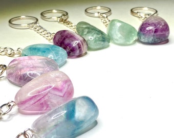 Rainbow Fluorite Crystal Keychain, Fluorite Gemstone Keychain