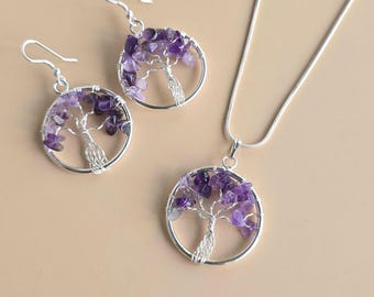 Amethyst Tree of Life Heart Pendant & Earrings Set – Wire Wrapped